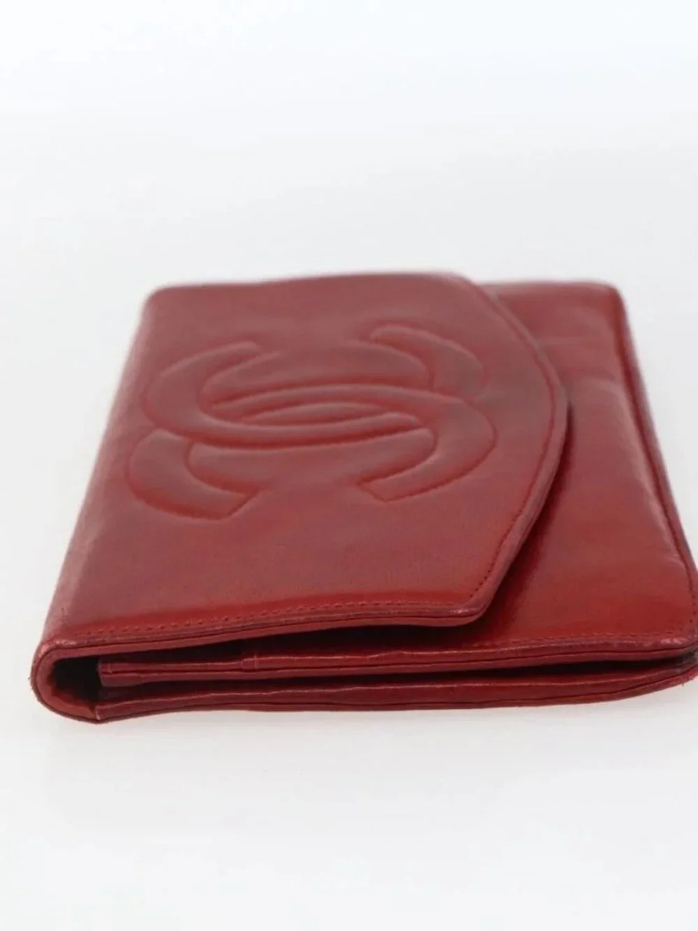CHANEL Long Wallet Grained Calf Skin Red Gold CC Auth 166826